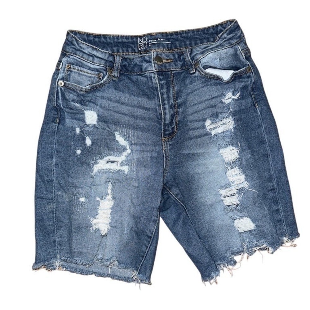 No Boundaries Women's Distressed Denim Bermuda Shorts - Dark Blue